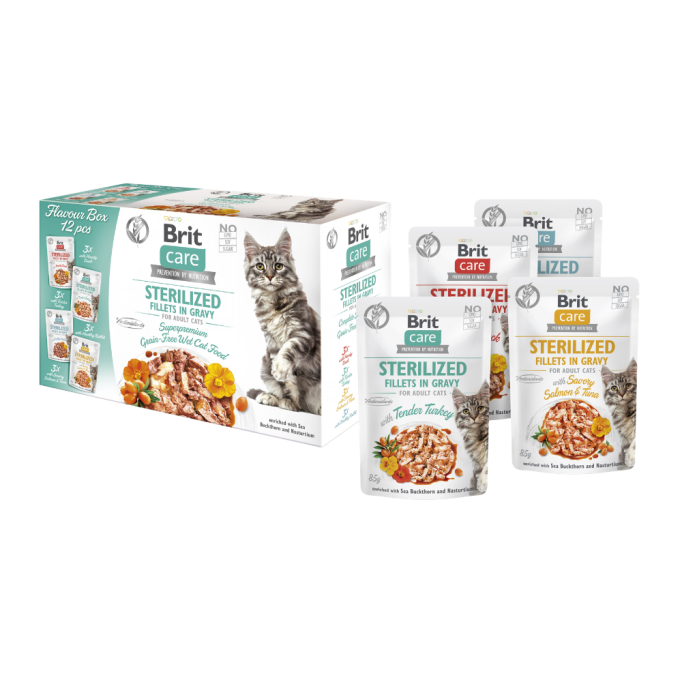Brit Care Cat Fillets in Gravy Flavour box Sterilized Вологий корм набір смаків для дорослих стерилізованих котів (в соусі) 85г 12шт