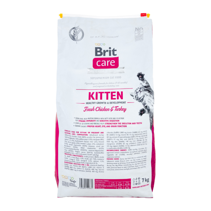 Brit Care Kitten Healthy Growth & Development Fresh Chicken & Turkey Беззерновий гіпоалергенний сухий корм для кошенят 7кг