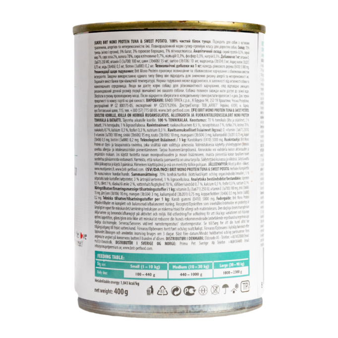 Brit Mono Protein Tuna and Sweet Potato Dog Вологий корм з тунцем та бататом для дорослих собак (паштет) 400г