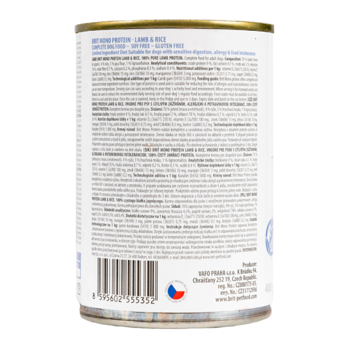 Brit Mono Protein Lamb and Rice Dog Вологий корм з ягням та рисом для дорослих собак (паштет) 400г