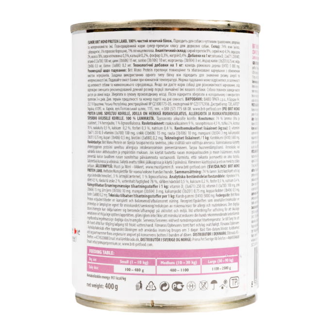 Brit Mono Protein Lamb Dog Вологий корм з ягням для дорослих собак (паштет) 400г