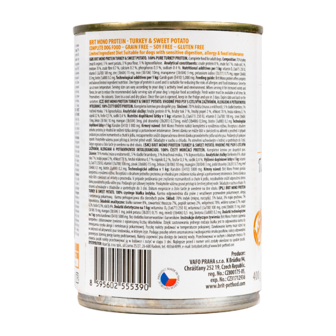 Brit Mono Protein Turkey and Sweet Potato Dog Вологий корм з індичкою та бататом для дорослих собак (паштет) 400г
