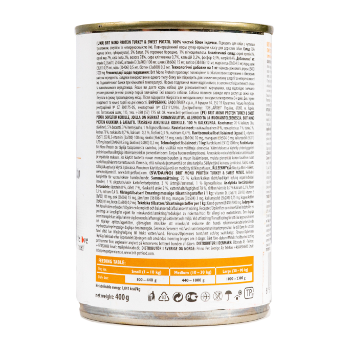 Brit Mono Protein Turkey and Sweet Potato Dog Вологий корм з індичкою та бататом для дорослих собак (паштет) 400г