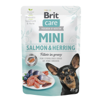 Brit Care Dog Mini Salmon & Herring Fillets In Gravy Вологий корм з лососем та оселедцем для дорослих стерилізованих собак малих порід (в соусі) 85г 24шт