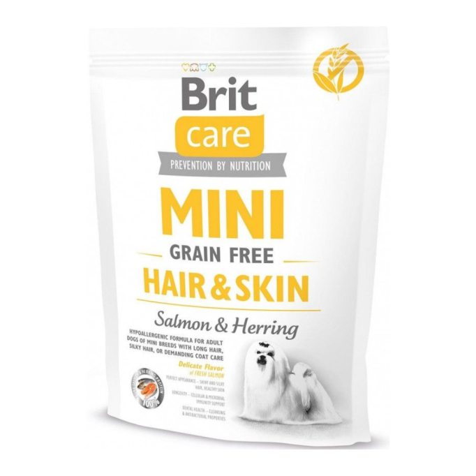 Brit Care Mini Grain Free Hair & Skin Salmon & Herring Гіпоалергенний беззерновий сухий корм з лососем і оселедцем для дорослих собак мініатюрних порід для шкіри та шерсті 400г
