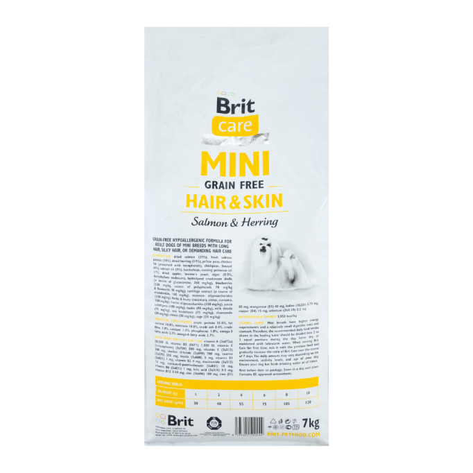 Brit Care Mini Grain Free Hair & Skin Salmon & Herring Гіпоалергенний беззерновий сухий корм з лососем і оселедцем для дорослих собак мініатюрних порід для шкіри та шерсті 7кг