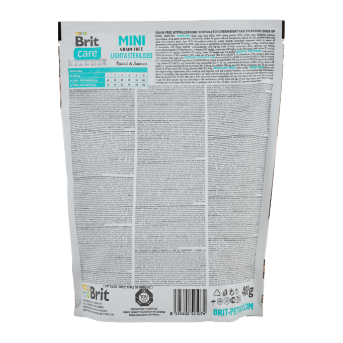 Brit Care Mini Grain Free Light & Sterilised Rabbit & Salmon Гіпоалергенний, беззерновий сухий корм з кроликом та лососем для стерилізованих собак малих порід 400г