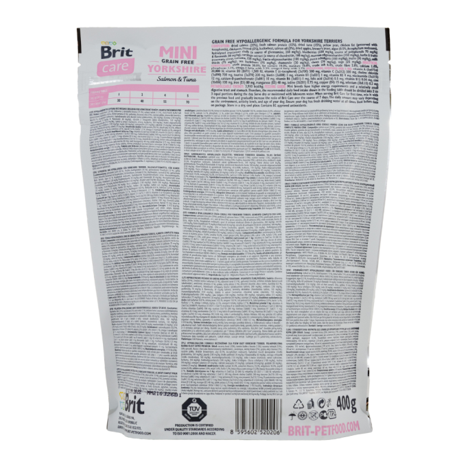 Brit Care Mini Grain Free Yorkshire Salmon & Tuna Гіпоалергенний беззерновий сухий корм з лососем та тунцем для дорослих собак породи йоркширський тер'єр 400г