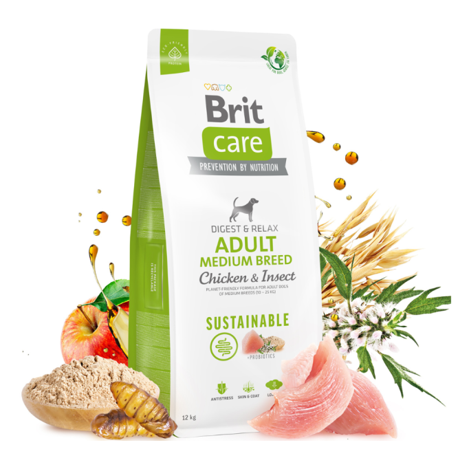 Brit Care Dog Sustainable Adult Medium Breed Сухий корм з куркою та комахами для дорослих собак середніх порід 12кг