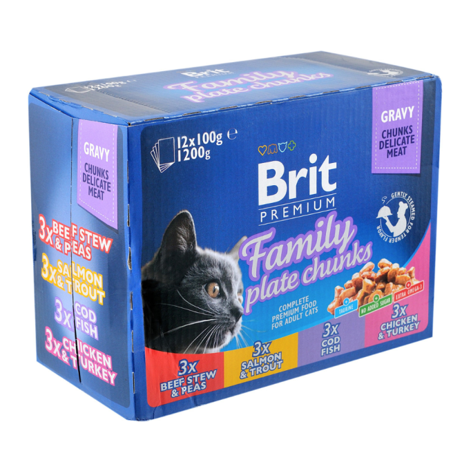 Brit Premium Cat Family Plate pouches Асорті набір вологого корму сімейна тарілка 4 смаки для дорослих котів (в соусі) 100г 12шт