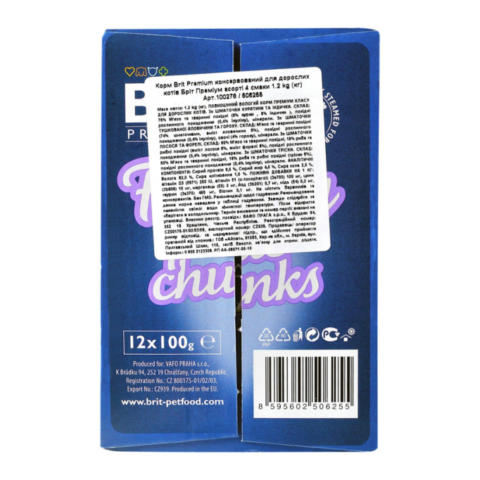 Brit Premium Cat Family Plate pouches Асорті набір вологого корму сімейна тарілка 4 смаки для дорослих котів (в соусі) 100г 12шт