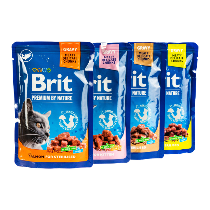 Brit Premium Cat Sterilised Plate Chunks Асорті набір вологого корму сімейна тарілка для дорослих стерилізованих котів (в соусі) 100г 12шт