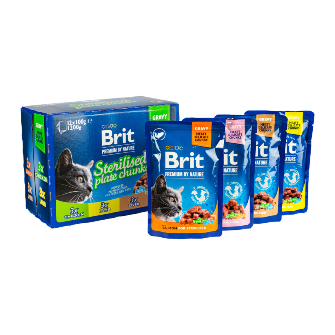 Brit Premium Cat Sterilised Plate Chunks Асорті набір вологого корму сімейна тарілка для дорослих стерилізованих котів (в соусі) 100г 12шт