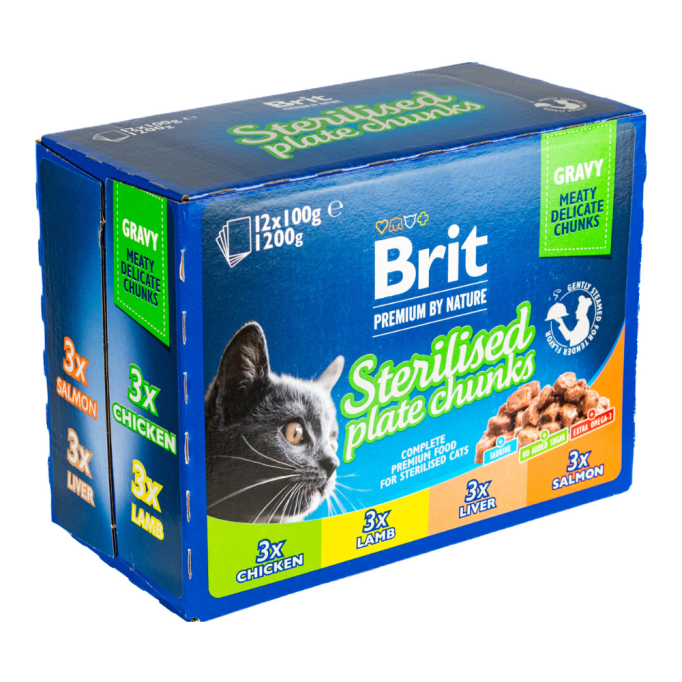 Brit Premium Cat Sterilised Plate Chunks Асорті набір вологого корму сімейна тарілка для дорослих стерилізованих котів (в соусі) 100г 12шт