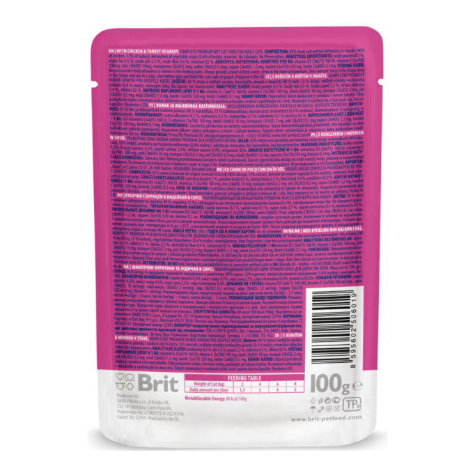 Brit Premium Cat Chicken & Turkey pouch Вологий корм з куркою та індичкою для дорослих котів (в соусі) 100г 24шт