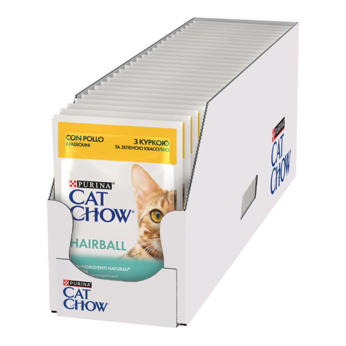 Cat Chow Hairball Вологий корм з куркою та зеленою квасолею для дорослих котів з ефектом виведення шерсті (в соусі) 85г 26шт
