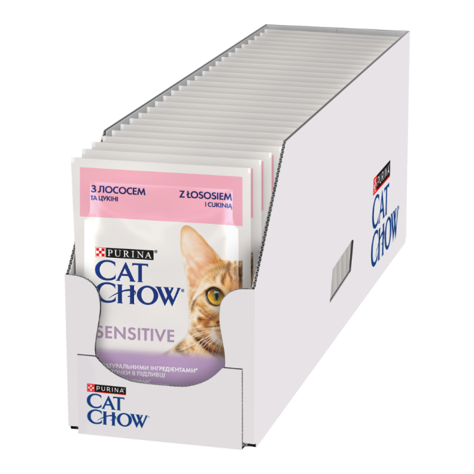 Cat Chow Sensitive Вологий корм з лососем та цукіні для дорослих котів з чутливим травленням (в соусі) 85г 26шт