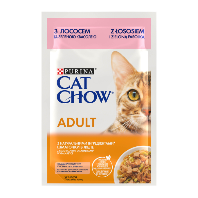 Cat Chow Adult Вологий корм з лососем та зеленою квасолею для дорослих котів (в желе) 85г 26шт
