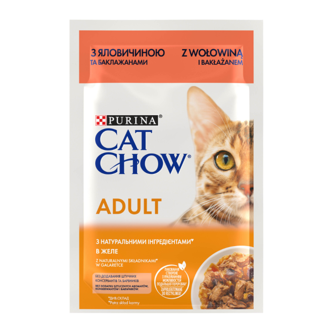 Cat Chow Adult Вологий корм з яловичиною та баклажанами для дорослих котів (в желе) 85г 26шт