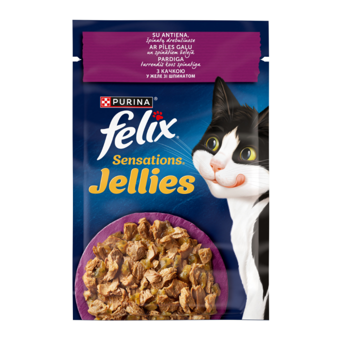 Felix Sensations Jellies Вологий корм з качкою та шпинатом для дорослих котів (в желе) 85г 26шт 