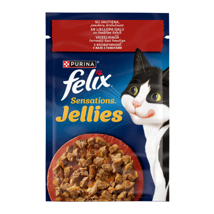 Felix Sensations Jellies Вологий корм з яловичиною та томатами для дорослих котів (в желе) 85г 26шт 