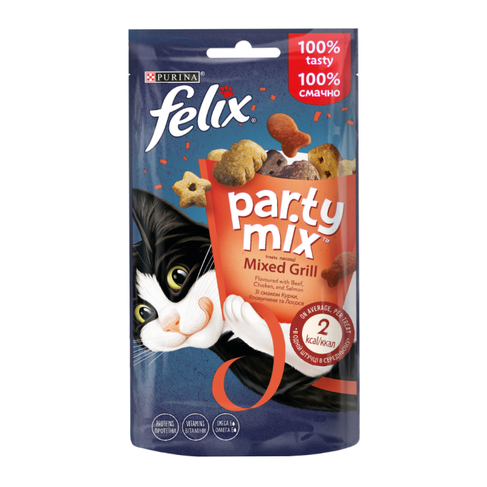 Felix Party Mix Grill mix Ласощі для дорослих котів зі смаком курки, яловичини та лосося 60г