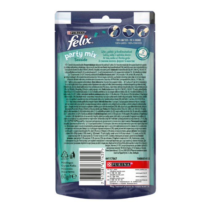 Felix Party Mix Ocean mix Ласощі для дорослих котів зі смаком лосося, форелі та мінтаю 60г