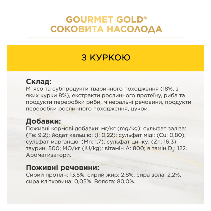 Gourmet Gold Соковита насолода Вологий корм для дорослих котів з куркою (в соусі) 85г 24шт