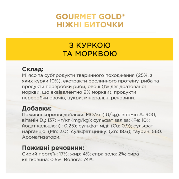 Gourmet Gold Ніжні биточки Вологий корм для дорослих котів з куркою та морквою (в желе) 85г 12шт