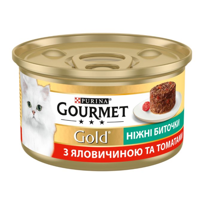 Gourmet Gold Ніжні биточки Вологий корм для дорослих котів з яловичиною та томатами (в желе) 85г 12шт