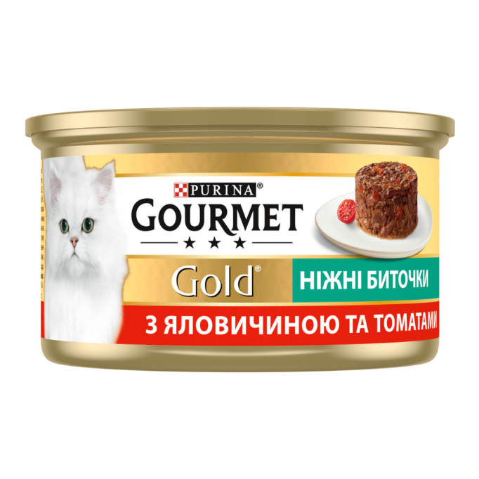 Gourmet Gold Ніжні биточки Вологий корм для дорослих котів з яловичиною та томатами (в желе) 85г 12шт