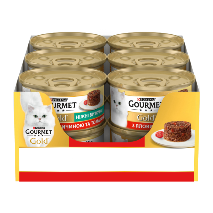 Gourmet Gold Ніжні биточки Вологий корм для дорослих котів з яловичиною та томатами (в желе) 85г 12шт