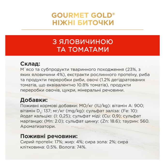 Gourmet Gold Ніжні биточки Вологий корм для дорослих котів з яловичиною та томатами (в желе) 85г 12шт