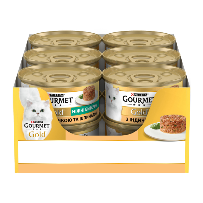 Gourmet Gold Ніжні биточки Вологий корм для дорослих котів з індичкою та шпинатом (в желе) 85г 12шт
