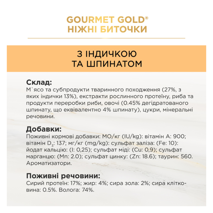 Gourmet Gold Ніжні биточки Вологий корм для дорослих котів з індичкою та шпинатом (в желе) 85г 12шт