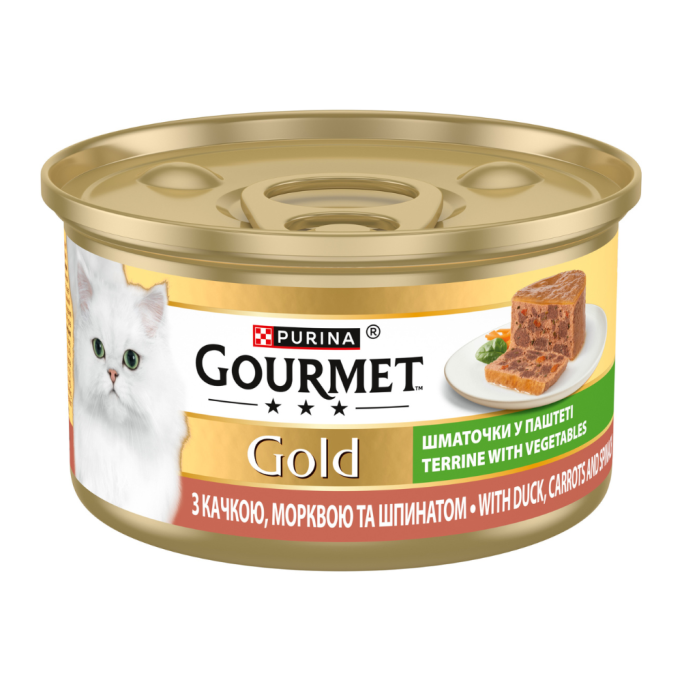 Gourmet Gold Вологий корм для дорослих котів з качкою, морквою та шпинатом шматочки у паштеті 85г 24шт