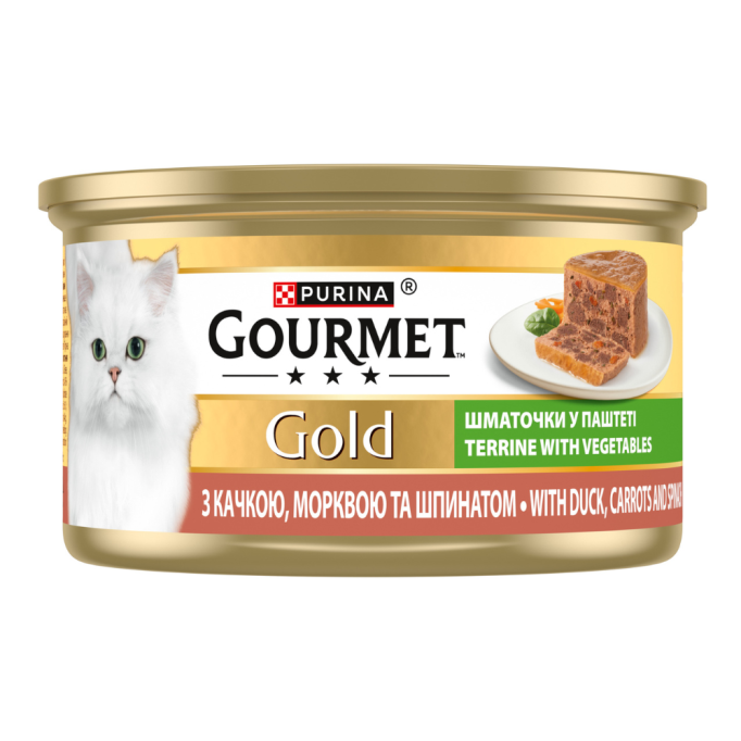 Gourmet Gold Вологий корм для дорослих котів з качкою, морквою та шпинатом шматочки у паштеті 85г 24шт