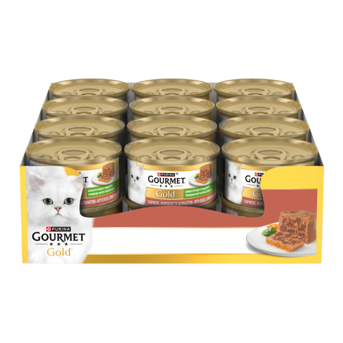 Gourmet Gold Вологий корм для дорослих котів з качкою, морквою та шпинатом шматочки у паштеті 85г 24шт