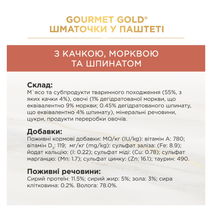 Gourmet Gold Вологий корм для дорослих котів з качкою, морквою та шпинатом шматочки у паштеті 85г 24шт