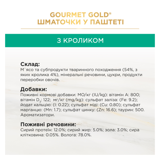 Gourmet Gold Вологий корм для дорослих котів з кроликом шматочки у паштеті 85г 24шт