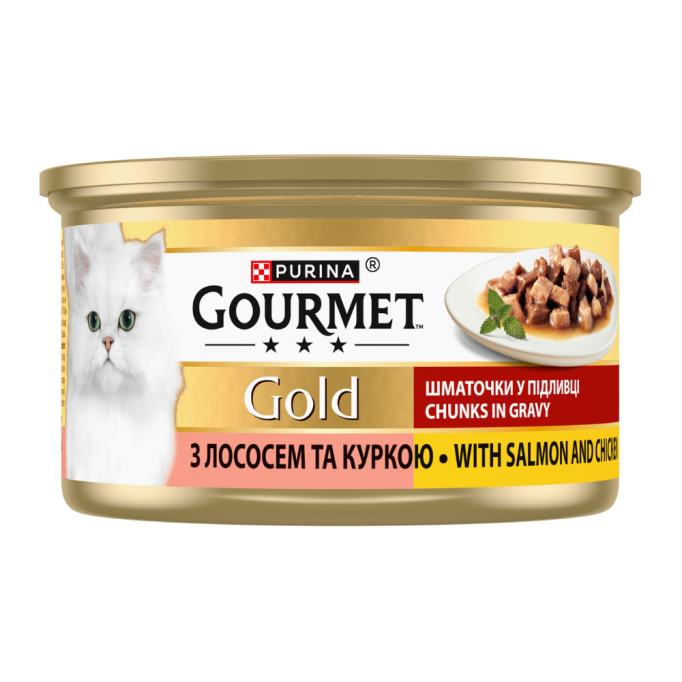Gourmet Gold Шматочки у підливці Вологий корм для дорослих котів з лососем та курчам 85г 24шт