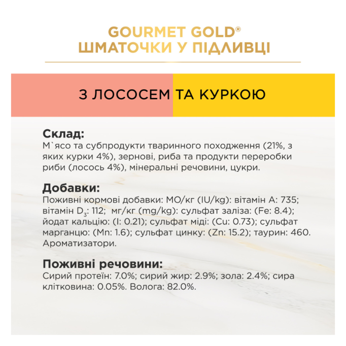 Gourmet Gold Шматочки у підливці Вологий корм для дорослих котів з лососем та курчам 85г 24шт