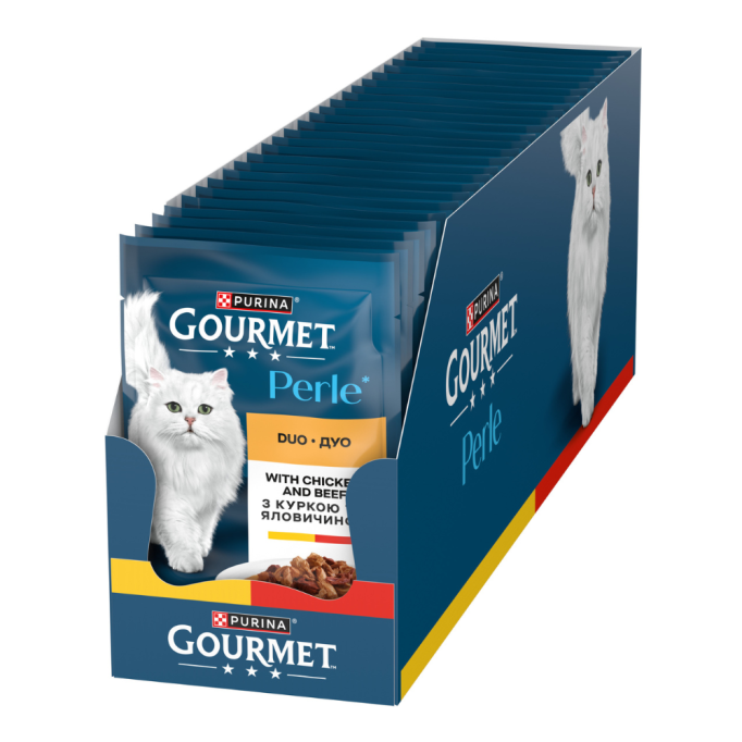 Gourmet Perle Duo Вологий корм для дорослих котів з куркою та яловичиною (в соусі) 85г 26шт