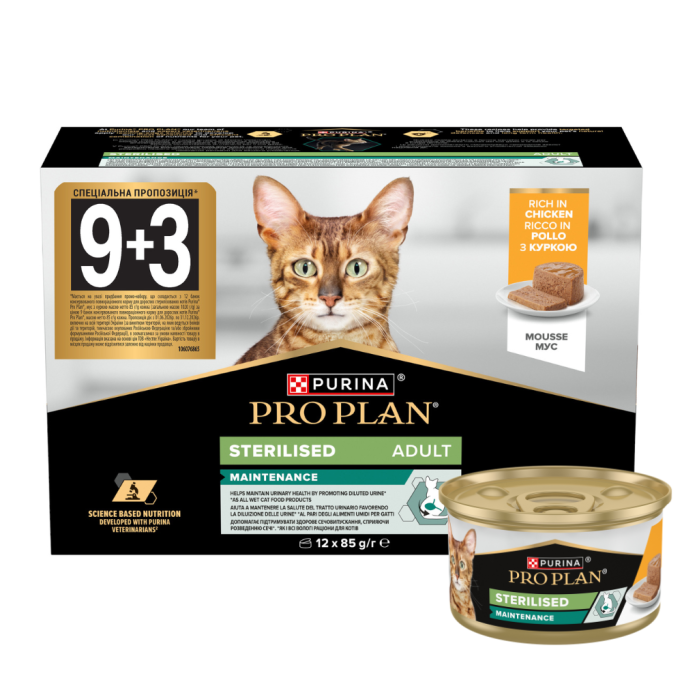Purina Pro Plan Adult Sterilised Набір вологого корму з куркою для дорослих стерилізованих котів (мус) 85г 12шт