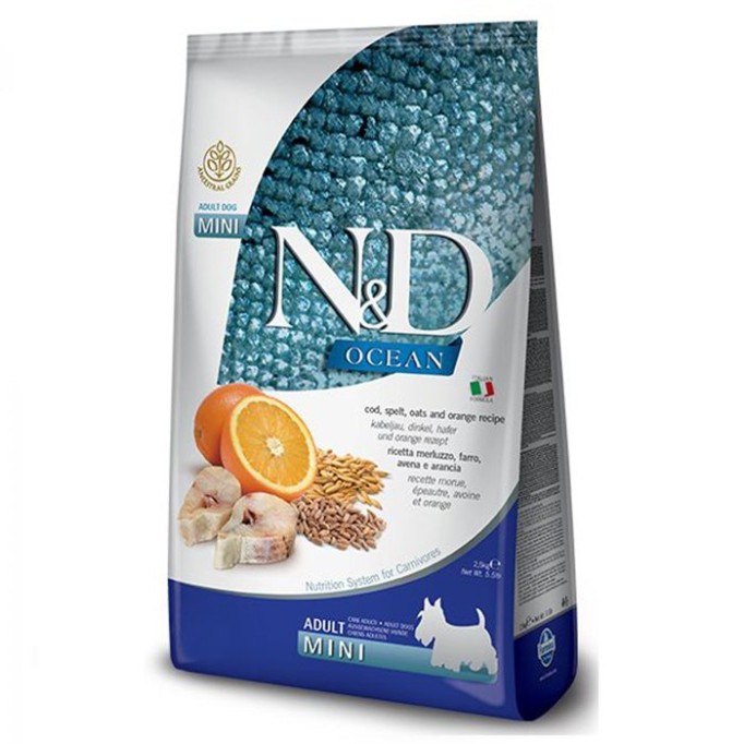 Farmina N&D Low Grain Ocean Cod, Spelt, Oats & Orange Adult Mini низькозерновий сухий корм із тріскою та апельсином для дорослих собак дрібних порід 800 г