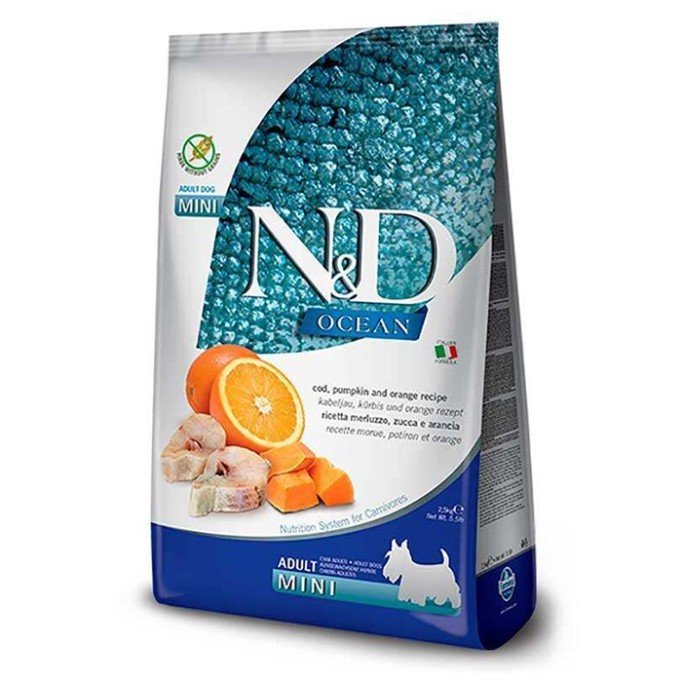 Farmina N&D Grain Free Ocean Cod, Pumpkin & Orange Adult Mini Беззерновий сухий корм з тріскою та апельсином для собак дрібних порід 2.5 кг