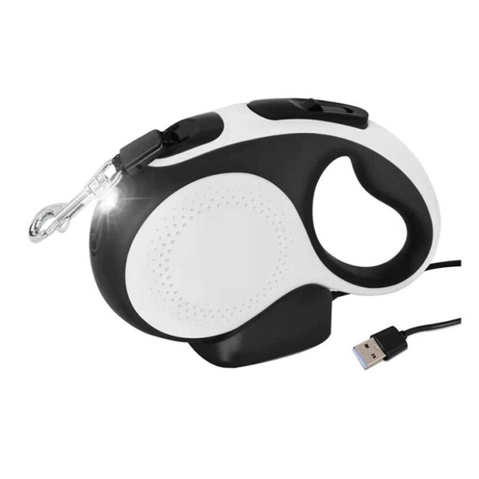 AnimAll Повідець-Рулетка з LED-ліхтариком для собак вагою до 25 кг, 5 м, біло-чорна M