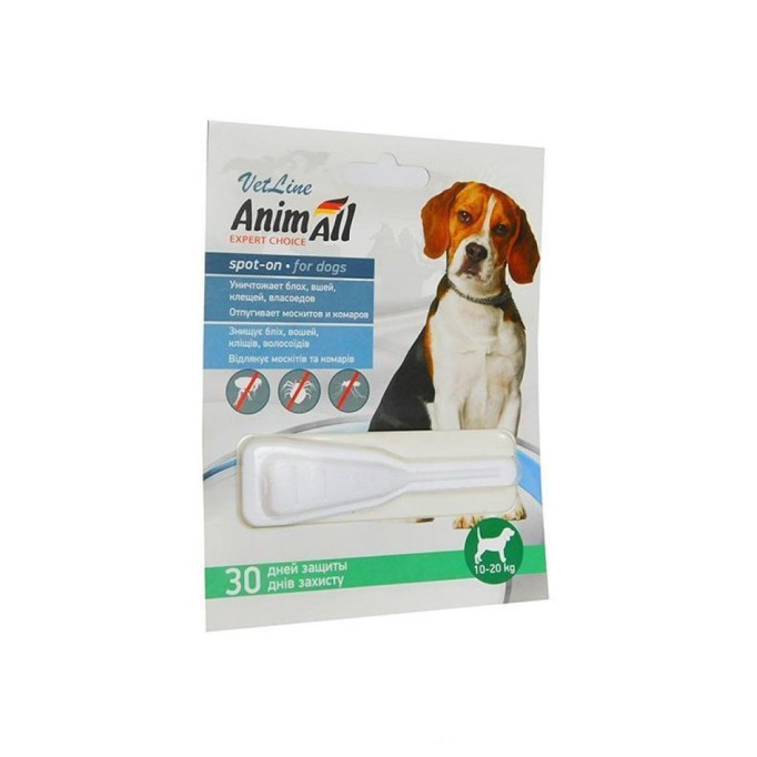 AnimAll VetLine Spot-On краплі від бліх та кліщів для собак, вага 10-20 кг (4.0 мл) 1 піпетка