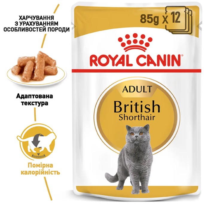Royal Canin British Shorthair Adult Вологий корм для дорослих котів породи Британська короткошерста (шматочки у соусі) 85 г 12 шт