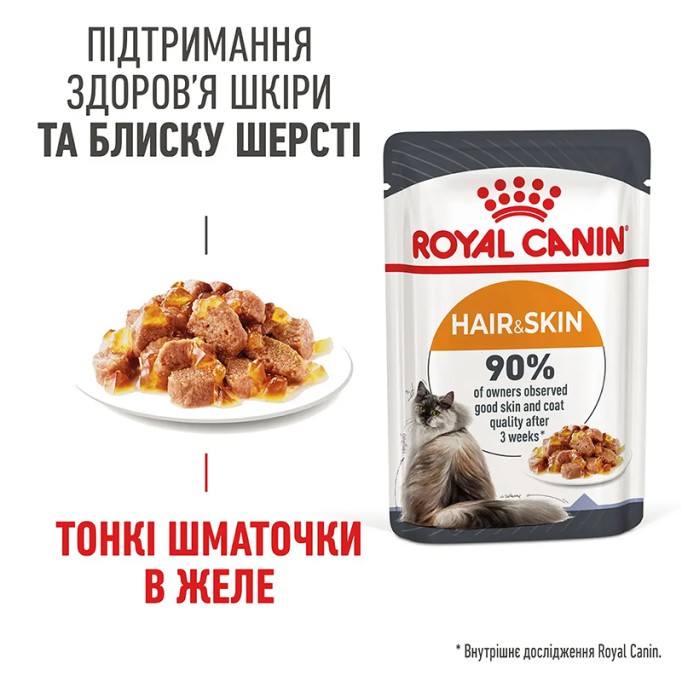 Royal Canin Hair & Skin Care Jelly Вологий корм для здоров'я шкіри та краси шерсті дорослих котів (шматочки в желе) 85 г 12 шт